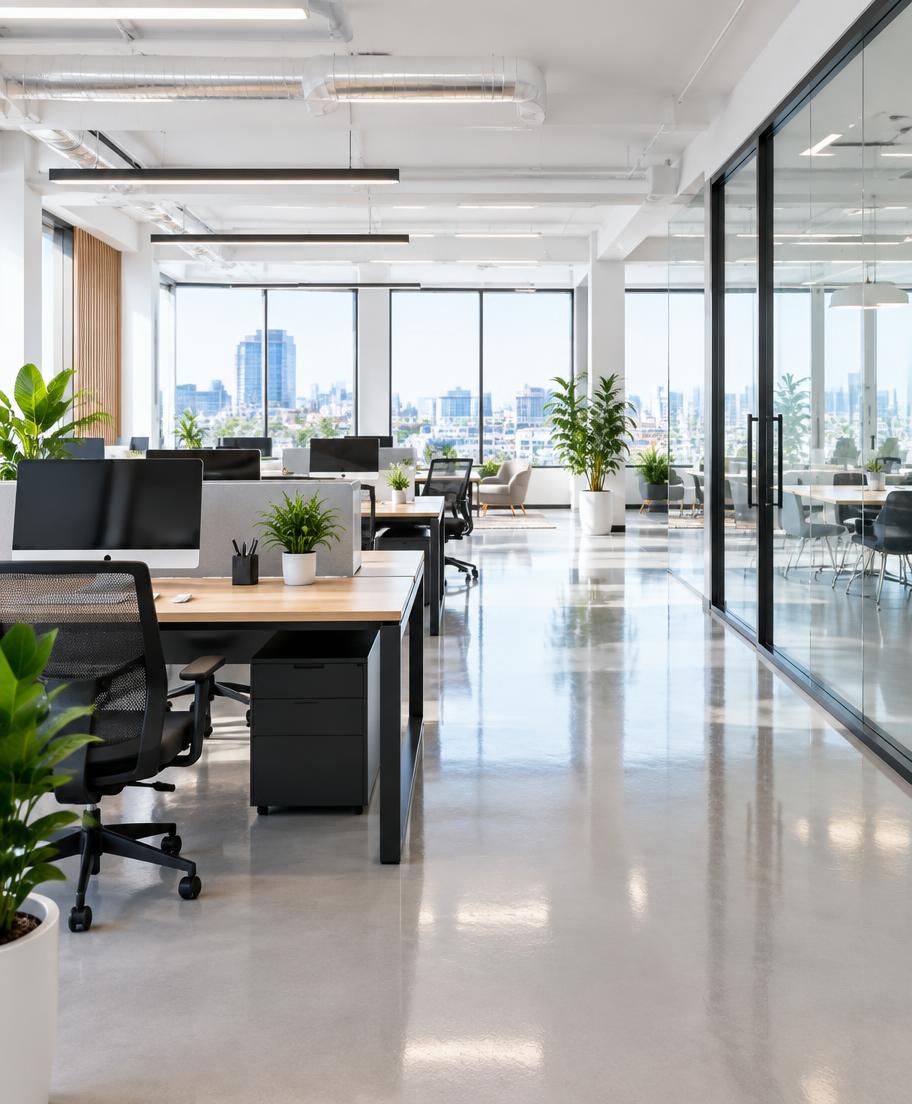 Helles, gereinigtes Büro mit glänzendem Boden