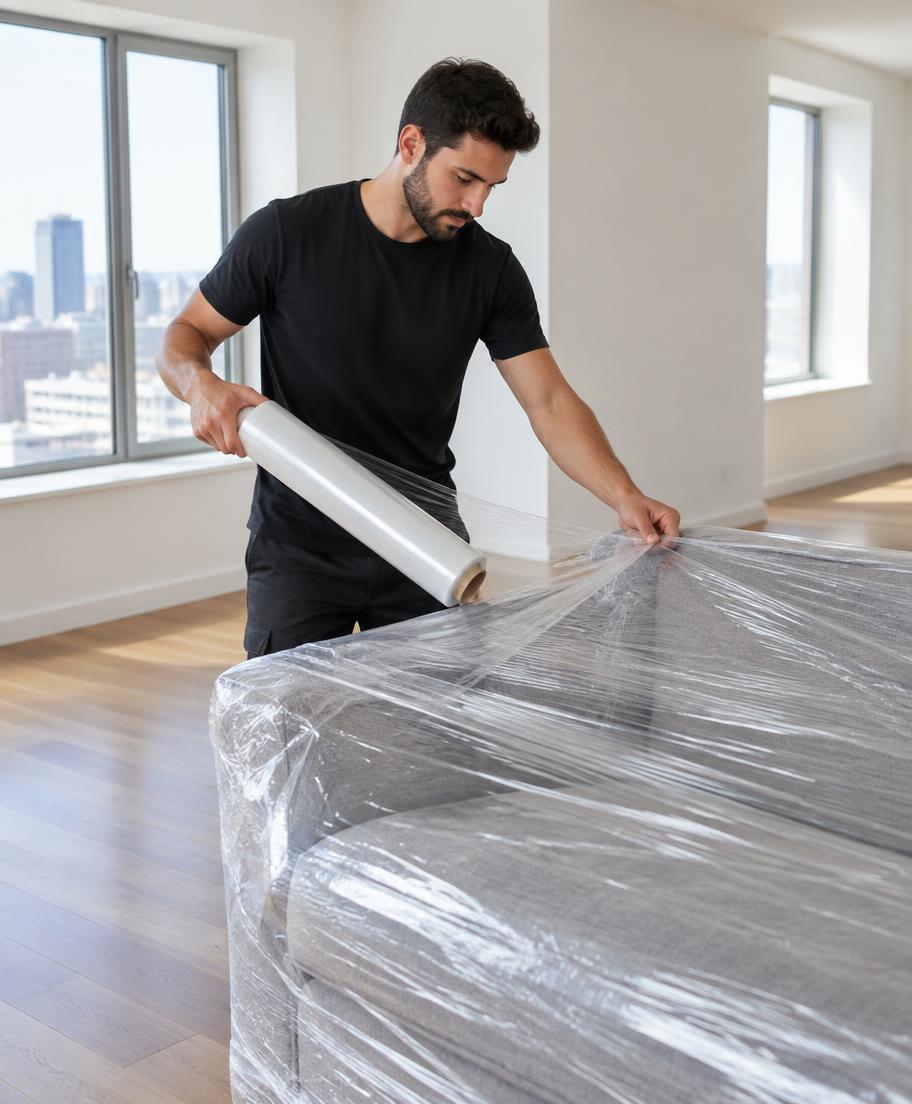 Mitarbeiter verpackt ein Sofa in Schutzfolie