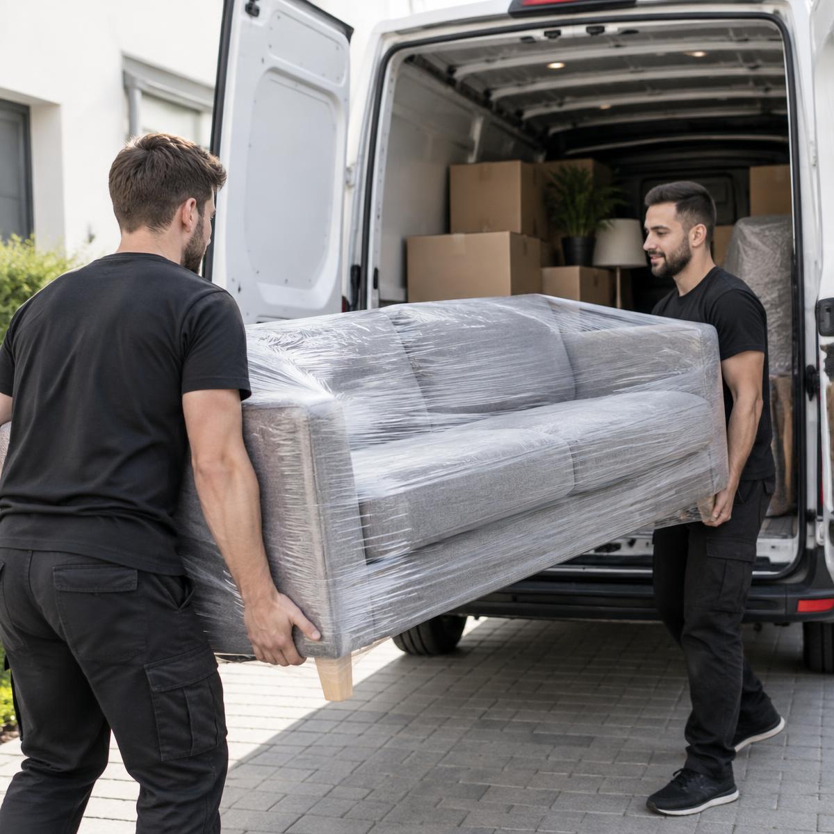 Zwei Mitarbeiter tragen ein verpacktes Sofa in einen Transporter
